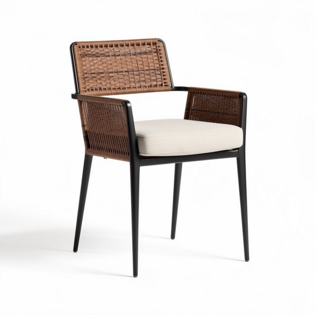 Chaise en rotin et métal noir avec coussin beige 50 x 55 x 80cm