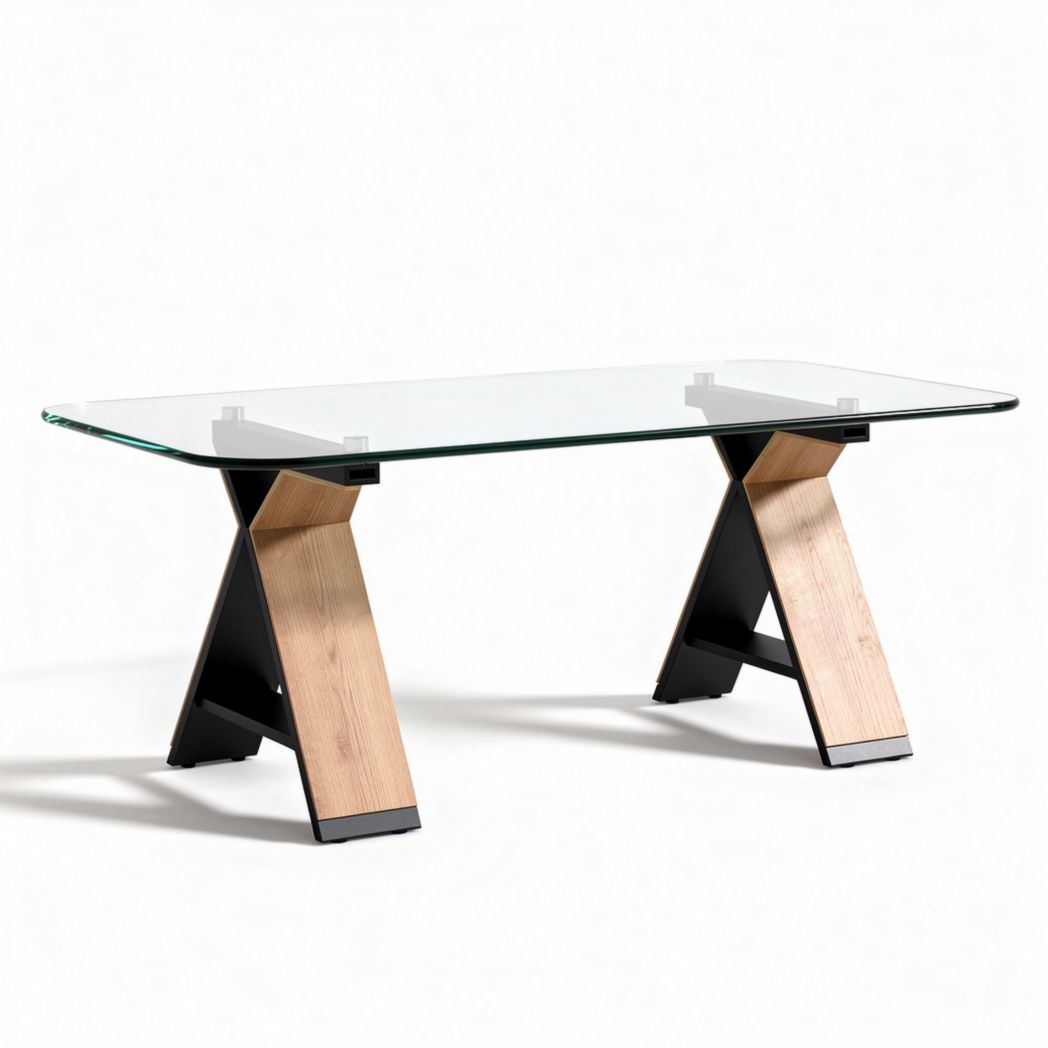 Table à manger en verre transparent avec pieds en bois et métal 120 x 60 x 75cm