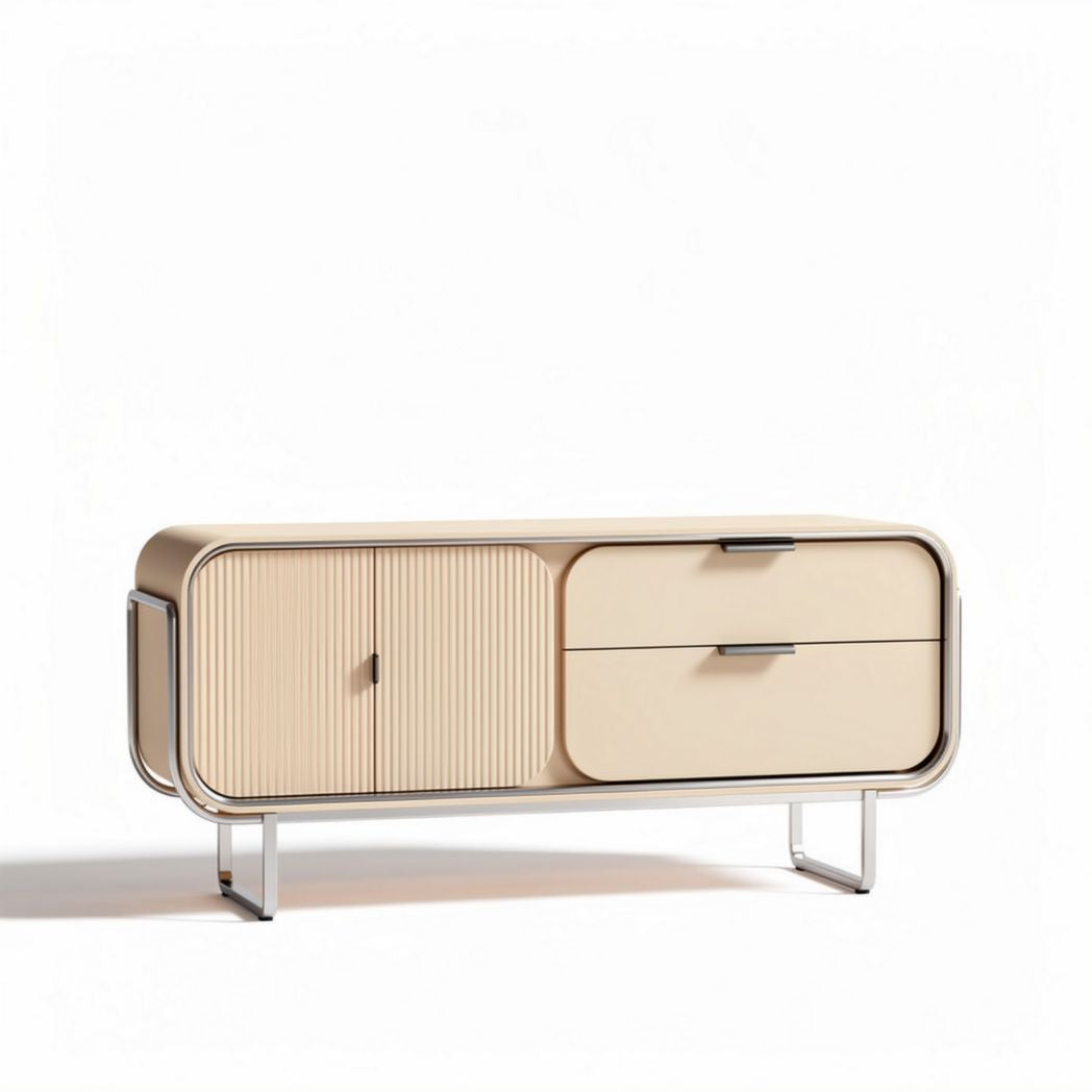 Meuble de rangement en bois beige avec deux tiroirs et une porte 150 x 40 x 60cm
