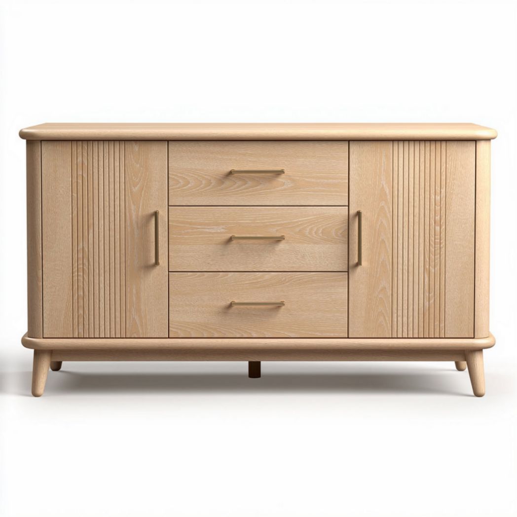 Buffet en bois clair avec trois tiroirs et deux portes 130 x 45 x 70cm