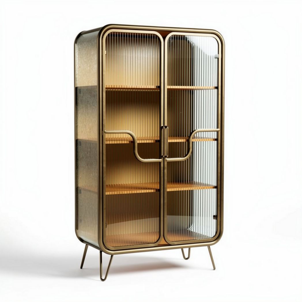 Cabinet de rangement en verre et métal doré 80 x 40 x 160cm avec étagères en bois