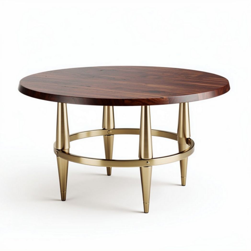 Table basse ronde en bois de noyer et métal doré 75 x 75 x 45cm