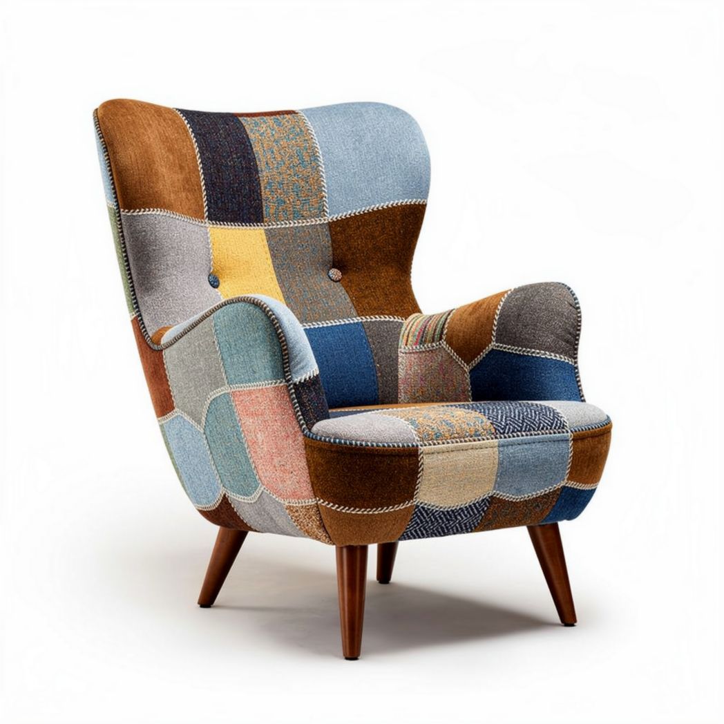 Fauteuil en patchwork multicolore en tissu avec pieds en bois 75 x 80 x 100cm