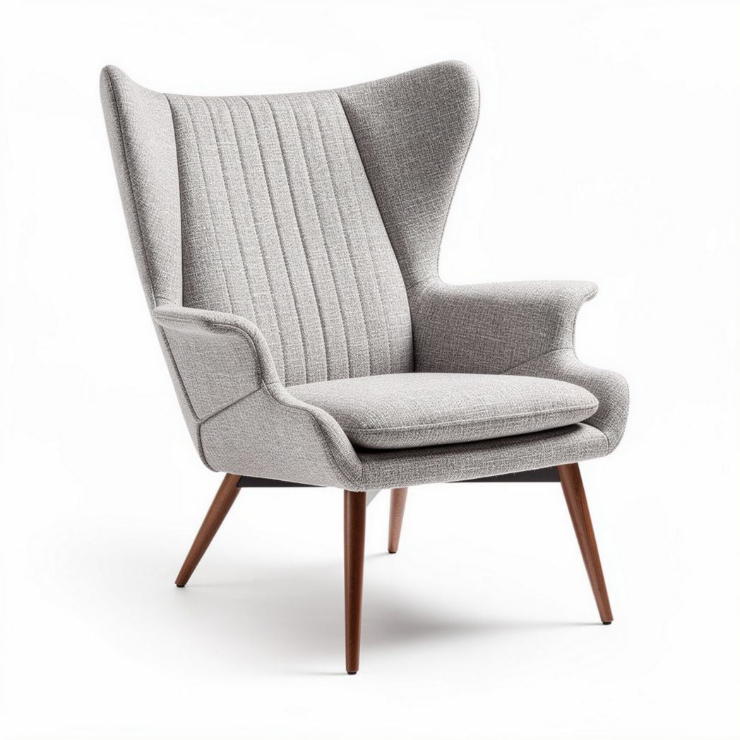 Fauteuil en tissu gris avec accoudoirs en bois et dimensions 80 x 80 x 100cm